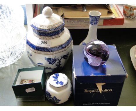 Spode Italian vase, boxed Doulton jar & cover, paperweight, Doulton/Booths jar & cover & a decanter label