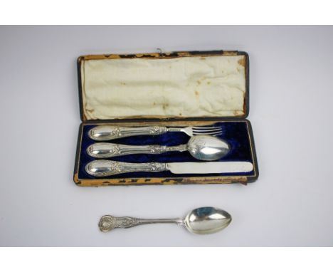 A Silver cased matched christening set, the knife and fork marked Sheffield 1877, makers mark AH (Martin Brothers & Naylor), 