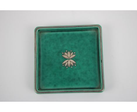 A vintage Wilhelm Kage - Gustavsberg ARGENTA, green and silver inlaid square ceramic tray , makers mark to base. W9cm x 9cm. 