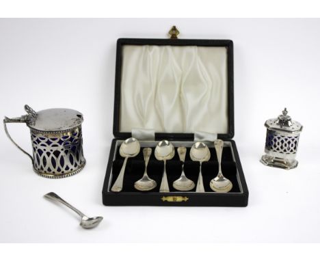 A collection of Silver to include : Silver mustard pot with open lacework sides and a blue glass liner, Birmingham 1904, mark