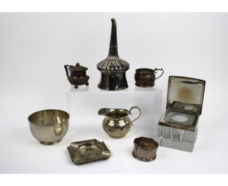 A collection of mixed silver to include a square glass inkwell with hinged lid, Birmingham 1929, makers mark O.Ltd (Oldfield 