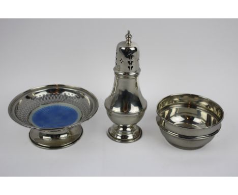 A collection of silver to include , a silver pierced bon bon dish with an enamelled engine turned centre, Birmingham 1912, ma