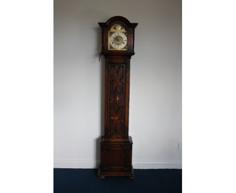 Early 20th Century Oak Cased Grandmother clock, the brass dial with break arch top and silvered centre inscribed "Tempus Fugi
