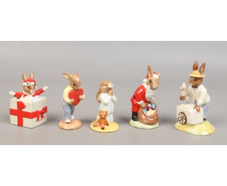 Five Bunnykins ceramic figures includes Christmas Surprise, Happy Christmas and Ice Cream.
