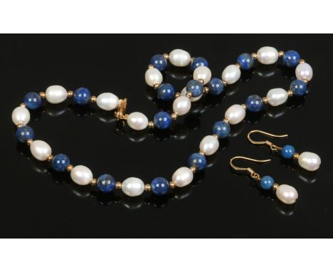 A suite of fresh water pearl and Lapis Lazuli jewellery.
