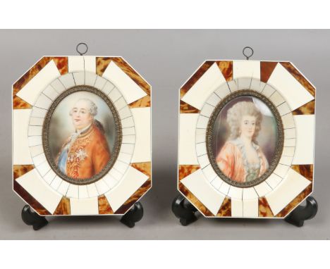 A pair of portrait miniatures in piano key and tortoiseshell effect frames, possibly King George III and Queen Charlotte.