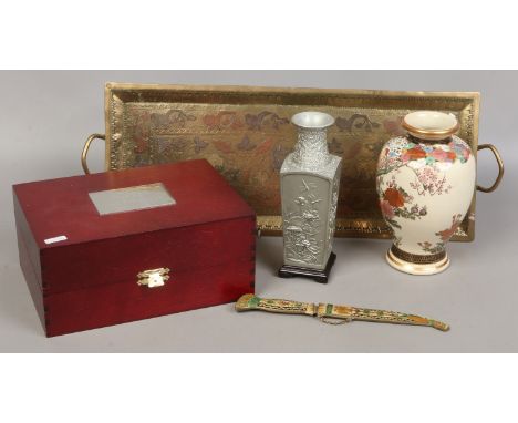 A Satsuma baluster vase, a boxed Royal Selangor pewter vase, enamelled brass Indian serving tray and a paper knife and sheath