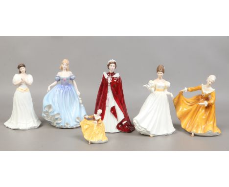 Six porcelain figures; A Royal Worcester example in celebration of The Queens 80th birthday and five Royal Doulton examples i