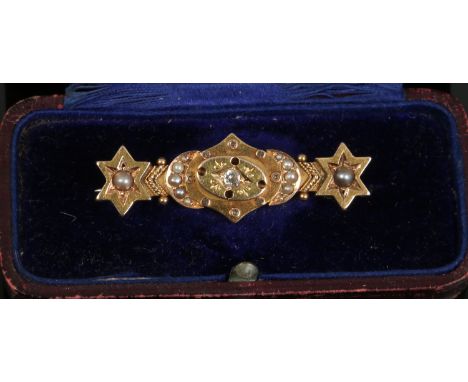A cased Victorian 15ct gold pearl and diamond bar brooch.