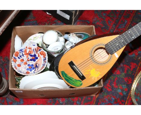 A box of miscellaneous to include Aynsley, Poole, ceramic figurines and a Reghin mandolin.
