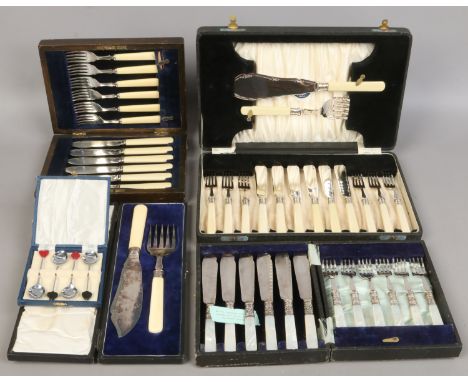 Five cased sets of silver plated cutlery including fish knives and forks, silver collared fish servers and four demitasse spo