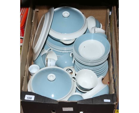 A comprehensive china tea and dinner service decorated in pale blue.