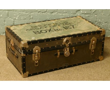 A metal bound Sheffield assay office trunk marked box number 187.