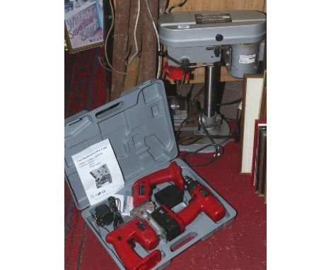 A 3 in 1 tool kit including a cordless drill, cordless jigsaw and a cordless detail sander along with a bench pillar drill.