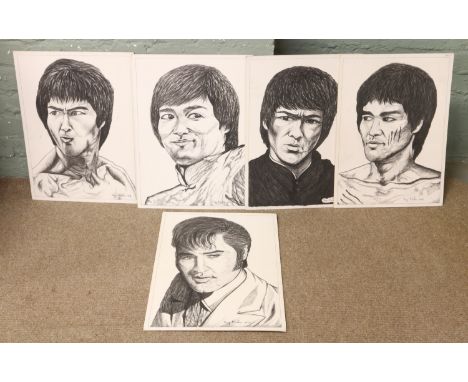 Five portrait pencil sketches by Tony Marlow to include Bruce Lee and Elvis Presley.