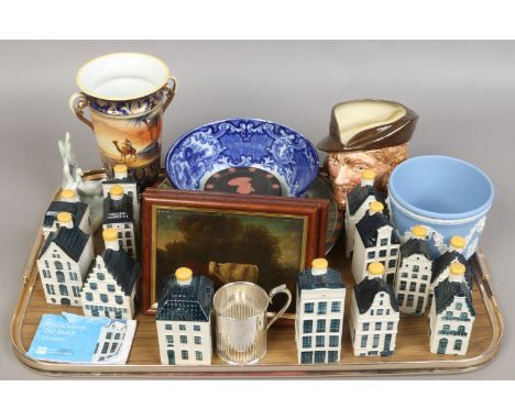 A tray of mixed ceramics, pair of small rural oil paintings and a 19th century silver christening tankard including Noritake,
