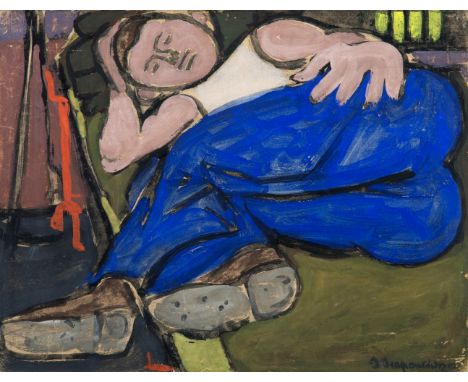 DIAMANTIS DIAMANTOPOULOS (1914-1995)Dans la chambre signé en grec en bas à droitetempera sur papier33,5 x 44 cm. (13 3/8 x 17