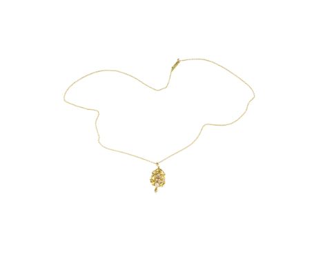 Kette mit Diamant-Anhängerum 1900-1920, 585 Gelbgold, getestet, Anhänger mit 4 Altschliff-Diamanten, gesamt ca. 0,21 ct, K-L,