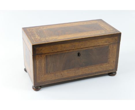 Late Georgian mahogany and birds eye maple tea caddy, circa 1830, with a broad band of maple crossbanding and with ebony stri