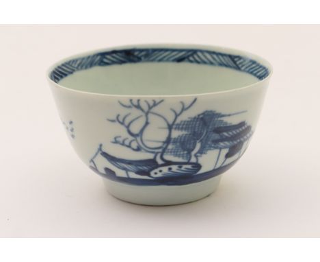 Richard Chaffers, Liverpool, blue and white tea bowl, circa 1760, decorated with a winter house and boulder pattern, 8cm diam