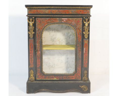 Victorian ebonised boulle pier cabinet, circa 1890, in the French taste, having an arched glazed door bordered with red boull