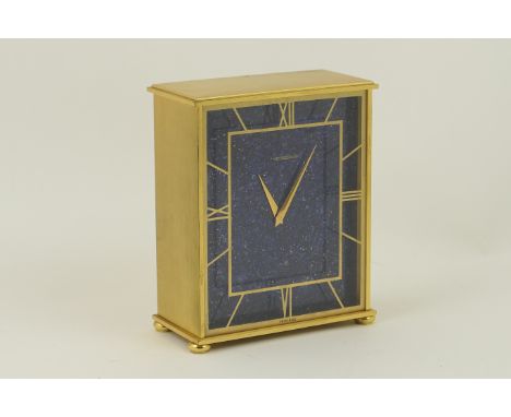 Jaeger Le Coultre brass eight day mantel clock, circa 1972, having a lapis lazuli backed dial with Roman and baton numerals, 