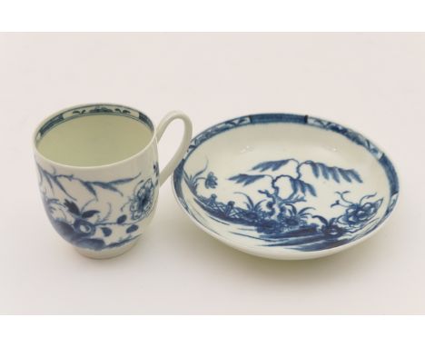 Worcester blue and white coffee cup and saucer, circa 1770, decorated with the candle fence pattern, crescent mark, the sauce