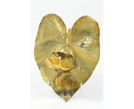 Arts and Crafts period brass candle bracket, formed as a lily pad detailed with a frog and fly, the sconce forming the flower