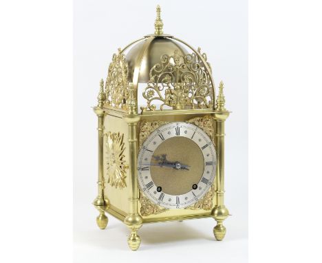 Winterhalder & Hoffmeier brass lantern style bracket clock, having a domed top with a bell over a dial with silvered chapter 