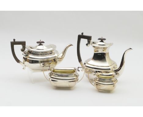 George V silver four piece tea and coffee service, maker CB &amp; S, Sheffield 1913, each of hexagonal plain baluster form co