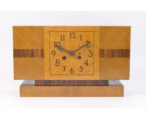 Art Deco walnut, burr maple and coromandel mantel clock, circa 1930, rectangular case with maple dial inlaid with Arabic nume