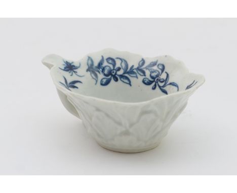 Worcester formal rose pattern blue and white moulded butter boat, circa 1760-70, relief moulded throughout with overlapping l