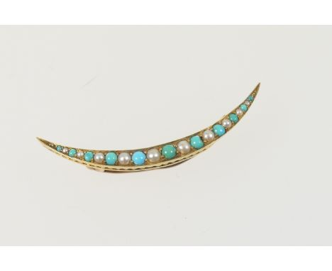 Late Victorian turquoise and pearl crescent brooch, circa 1890, the alternating graduated stones inset within unmarked yellow
