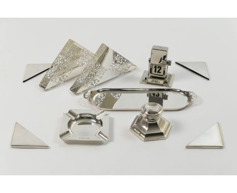 Number of desk items, including silver capstan inkwell, Birmingham 1930, of hexagonal form, weighted base, height 6cm; silver