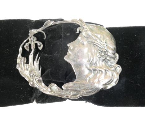 Art Nouveau silver buckle, maker A.J.S, Chester 1903, worked as a water nymph gazing at a dragonfly, 80mm x 60mm, mounted ont