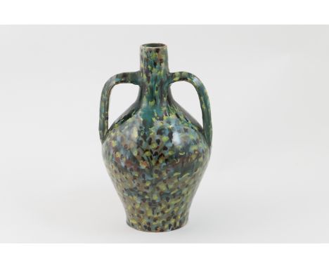 Della Robbia art pottery Moorish vase, dated 1894, twin handled ovoid form, freely decorated with a plant beneath randomly ap