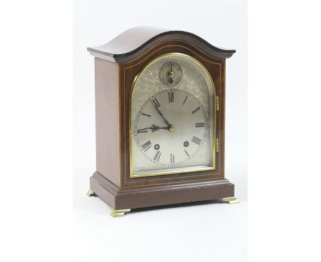 Winterhalder & Hoffmeier mahogany mantel clock, domed case with boxwood line inlays, silvered arched dial with regulator to t