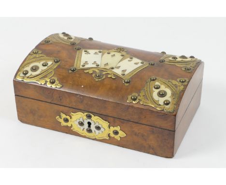 Victorian burr walnut and brass mounted playing card box, domed Gothic Revival style, the hinged cover inset with ivory card 