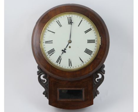 Victorian mahogany cased drop trunk wall clock, painted 29cm dial with Roman numerals, single fusee movement, the trunk with 