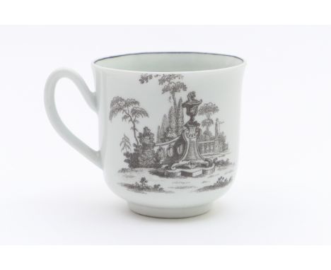 Worcester L'Amour pattern coffee cup, circa 1780, after an engraving by Robert Hancock, in monochrome print, with a garden st
