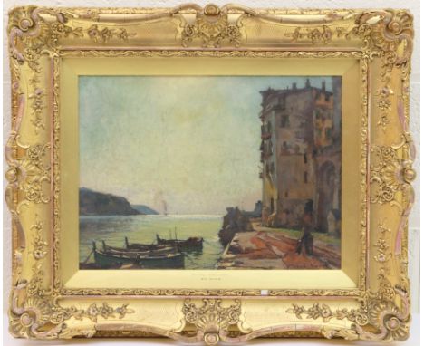 Edward R King (1863-?), Pair, the Bay, and Old Buildings, Villefranche, oils on canvas, signed, titled to the mount, 28cm x 4