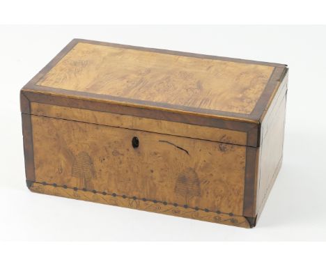 Beekeeping interest: Late Georgian satin birch and walnut tea caddy, circa 1820, detailed to the front with two beehives and 