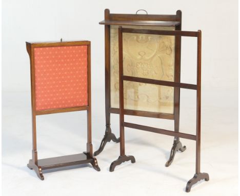 Victorian mahogany and silkwork firescreen, raised on cabriole legs, 54cm x 97cm; also a mahogany firescreen with a pull up f