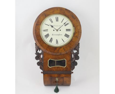 Victorian burr walnut drop trunk wall clock, by J Knowles, Birmingham, circa 1860, white painted 29cm dial with Roman numeral