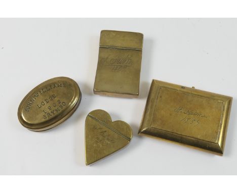 Four Welsh miner's brass snuff boxes, including one of heart shape, inscribed 'W Stothart' and dated 1844, 5.5cm x 5cm; a cur