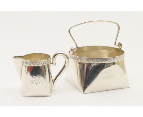 Russian silver sugar basin and cream jug, maker probably V Akimov, Moscow, 1908-26, the basin of square cushion form bordered