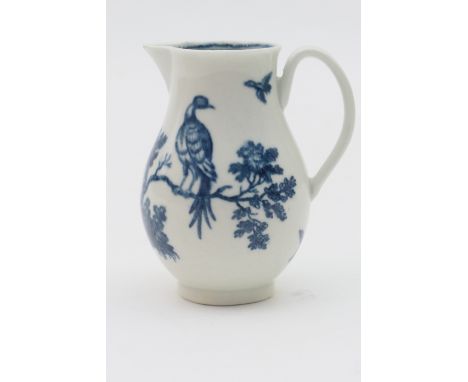 Worcester blue and white sparrow beak jug, circa 1770, decorated with the birds in branches printed pattern, hatched crescent