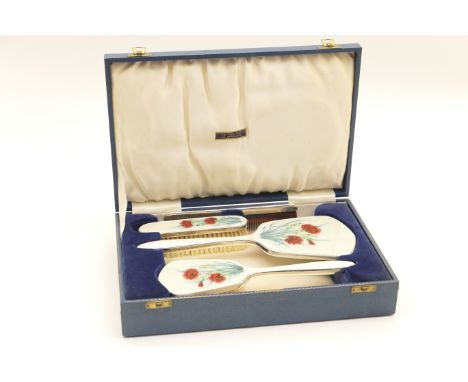 Silver and enamelled vanity set, maker HCD, Birmingham 1960, comprising hand mirror, hairbrush, clothes brush, each decorated