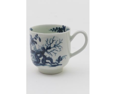 Worcester blue and white coffee cup, in the prunus root pattern, circa 1770, workman's painted mark, height 6cm 
