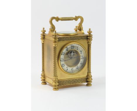 French brass carriage style mantel timepiece, circa 1900, the top with folding handle and an inset with thermometer and compa